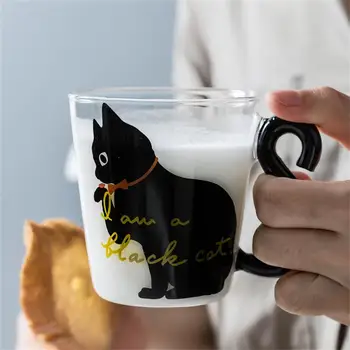 250 ml Drăguț Pisică Neagră Cană de Cafea din Sticlă Set Mâner în Formă de Animale Lapte, Apă, Suc de Cani Ceașcă de Ceai Japonez Stil Kawaii Cadou de Casa