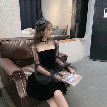 Rochie Cu Maneci Lungi Femei Zână Franceză Retro Negru Mesh Mozaic Stil Coreean Slash Gât Elegant De Moda Temperament Blând Chic