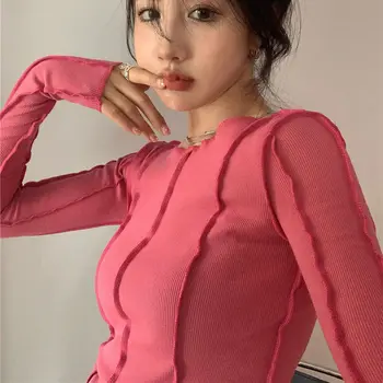 Femei cu Maneci Lungi T-shirt de Primavara Toamna Luminoase, Decorare Linie Skinny Slim Casual Moda de sex Feminin Dulce Stil coreean Tricouri