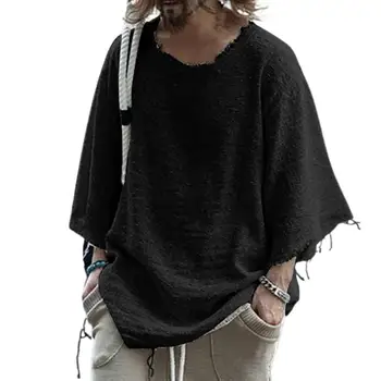 Vara Barbati tricou Trendy Amestec de Bumbac Culoare Solidă Vrac Streetwear Maneci Lungi Rotunde Gât Bavuri Marginea de Sus Haine de sex Masculin Plus Dimensiune