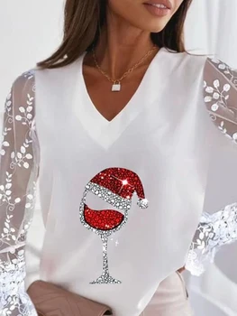 Toamna Femei Casual Vârfurile Alb V Gât T-shirt de Epocă Îmbrăcăminte de Crăciun Pahare de Vin de Imprimare Dantelă ochiurilor de Plasă Pur Sus