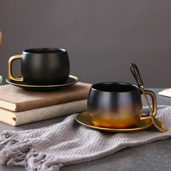 De Lux De Aur Negru Din Ceramică Ceașcă De Cafea Espresso Cafea Ceai Lapte Micul Dejun Ceasca Si Farfurie Set Cu Lingura Si Farfurie Cutie Cadou Set