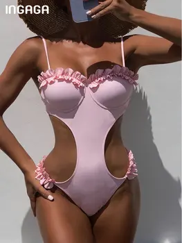 INGAGA Push-Up-O singură Bucată de costume de Baie decupate Sexy Costume de baie Femei 2023 Volan Costum de Baie Backless Monokini Body Solid Beachwear