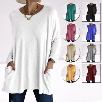 Solid de Culoare Vintage de Buzunar Supradimensionat tricou Femei de Îmbrăcăminte de Moda Toamna Tunici de Bază Y2k Top Femei 2021 Maneca Lunga Tricou