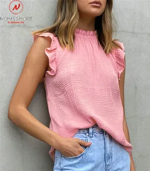 Femei De Moda De Vară Solid De Culoare T-Shirt Design Mozaic Volane Decor O-Gât Scurt Volane Sleeve Slim Subțire Pulovere Top