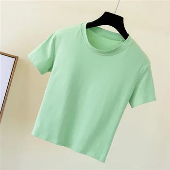 Crop Top T-Shirt Femei Solide de Bumbac, O-Neck Short Sleeve T-shirt pentru Femei Talie Înaltă, Subțire, Scurt, Sport Blanc Femme T-Shirt