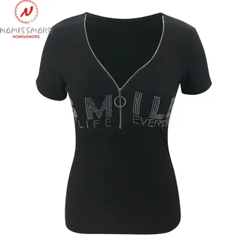 Femei Sexy Vara Leter Print T-Shirt Design Mozaic Fermoar Decor V-Neck Short Sleeve Slim Pulovere Top pentru Streetwear