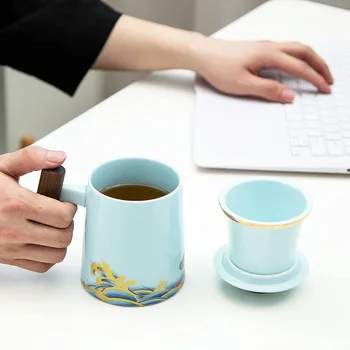 Ceașcă de ceai cu Infuzor si Capac,din Ceramica Cana de Ceai cu Aur Inel de Ceai, Infuzoare pentru Ceai Vrac,15 Oz