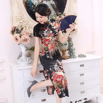 Plus Dimensiune 6XL Femeile din China Cheongsam Doamna Qipao de Imprimare NEGRU de Flori Rochie Lunga de Mireasa Rochii de Mireasa Rochie Eleganta Vestidos