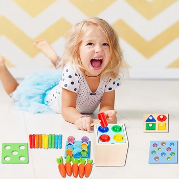 Montessori 5 In 1 Jucarii Educative Morcovi Jucării Din Lemn, Forma De Sortare Și De Potrivire Jucarii Pentru Copilul Cu Varsta De Peste 1 An-Vechi Permanența Cutie
