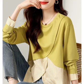 Moda Culori Contrastante Dungi Fals Twopiece T-shirt Femei Clasic Nou cu Maneca Lunga O-Buton de guler la Modă Toate-meci de Top