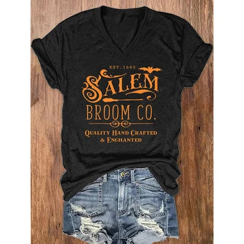 Rheaclot Salem Mătură Co Halloween Femei Casual de Vara de Bumbac Amuzant Graphic V-Neck Tee Top T-shirt