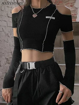 Goth Întuneric E-fata Stil Mozaic Negru T-shirt Gotic Deschide Umăr Maneca Y2k Culturilor Topuri cu Volane Tiv Hip Hop Techwear Femei Tee