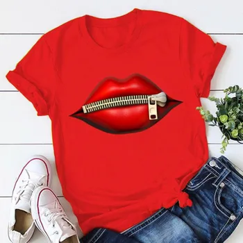 5XL!Femeile O-gat Fermoar Sarut Buze Bumbac T-shirt Amuzant Tipărite Primavara-Vara Acuarelă, Grafică de Top Tees