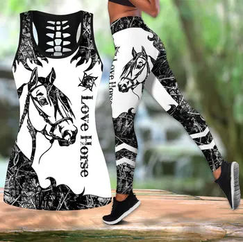 Dragostea Cal Negru Tatuaj 3D Imprimate Gol Rezervor de Top & Leggings Set de Fitness Feminin Lungimea Jambiere Rulează Pantaloni DDK72