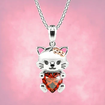 Rafinat în Formă de Inimă de Cristal Roșu Drăguț Arc Pisica Pandantiv Colier pentru Femei de Moda Colier Romantic Bijuterii Cadou Colier pentru Femei