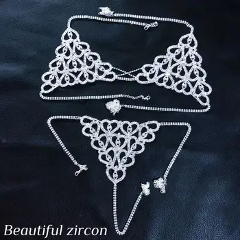 Moda în formă de inimă de cristal Sutien Bikini body curea lenjerie sexy lanț Stras strălucitoare sutien T-String set bijuterii accesorii