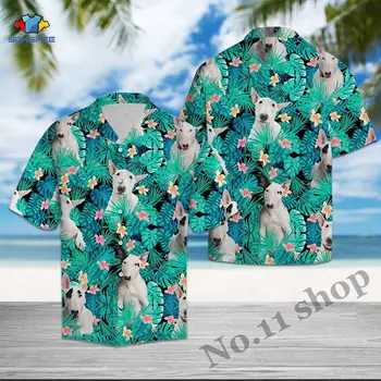 Bull Terrier-ul Tropicală Cămașă Hawaiană Vara Plaja Palmier Tricouri Flori Frunze 3D Maneca Scurta Vacanta de Vacanță Haine