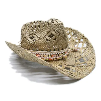 LUCKYLIANJI Femei Barbati Unisex Vintage de Paie Largă Refuz Sun Beach Cowboy Cowgirl Vest Pălărie Ciucure Panglica Banda de Piele (58cm)