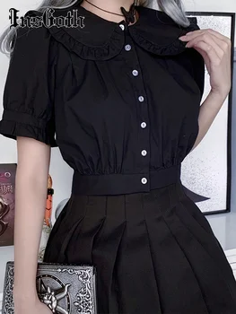 InsGoth Estetice Ciufulit Solid Negru T Shirt Goth Vintage Short Sleeve Button Up Top de Cultură Harajuku Streetwear Femei T-shirt