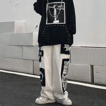 Bărbați Harajuku Streetwear Hip Hop Liber Drept Largi Picior Pantaloni Primavara-Vara Casual Largi Patch-uri de Pantaloni de Îmbrăcăminte pentru Tineri S-5XL